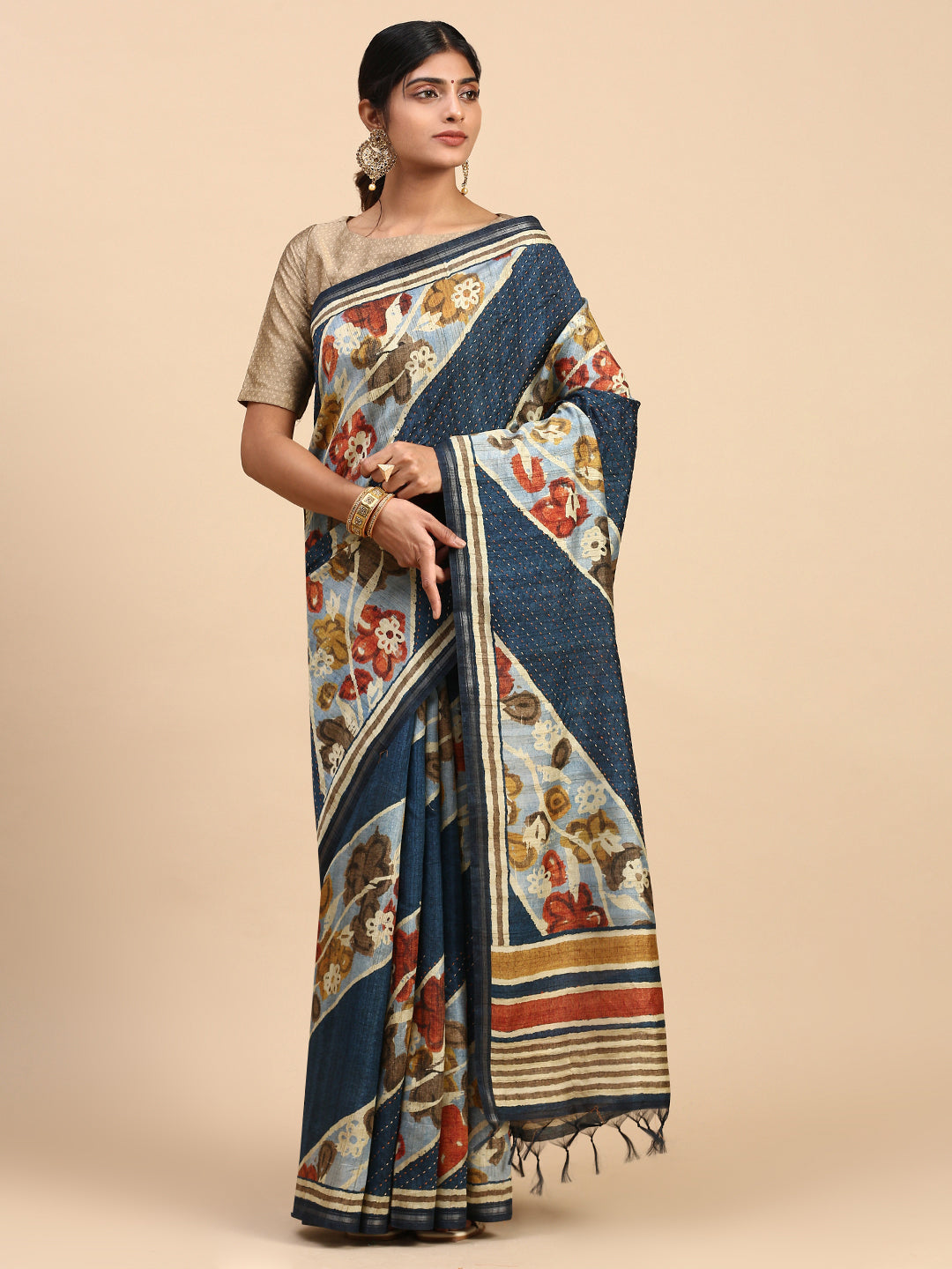 Women Semi Tussar Saree Blue ST189