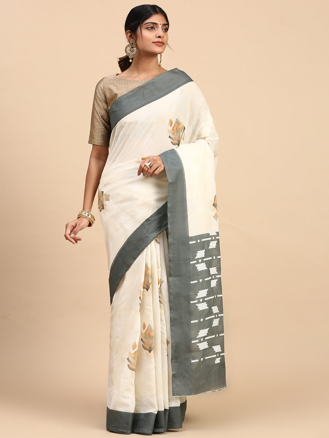 Women Organic Cotton Saree White PCS110