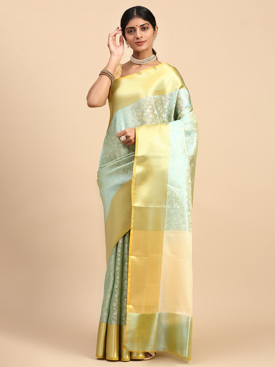 Women Semi Silk Tissue Weaving Saree Green SS279