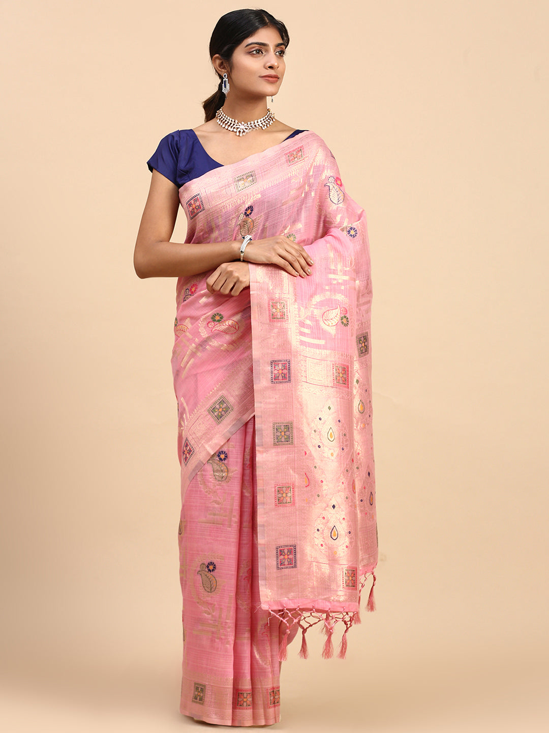 Women Semi Linen Printed Saree Pink SL168