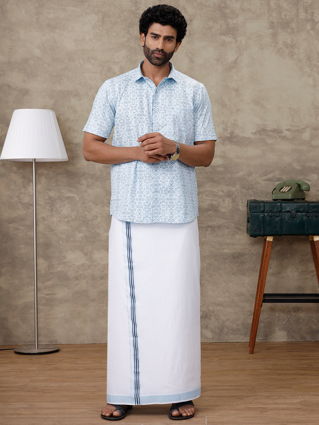 Men Aqua Blue Matching Border Dhoti With Printed Shirt Set Fusion PS2