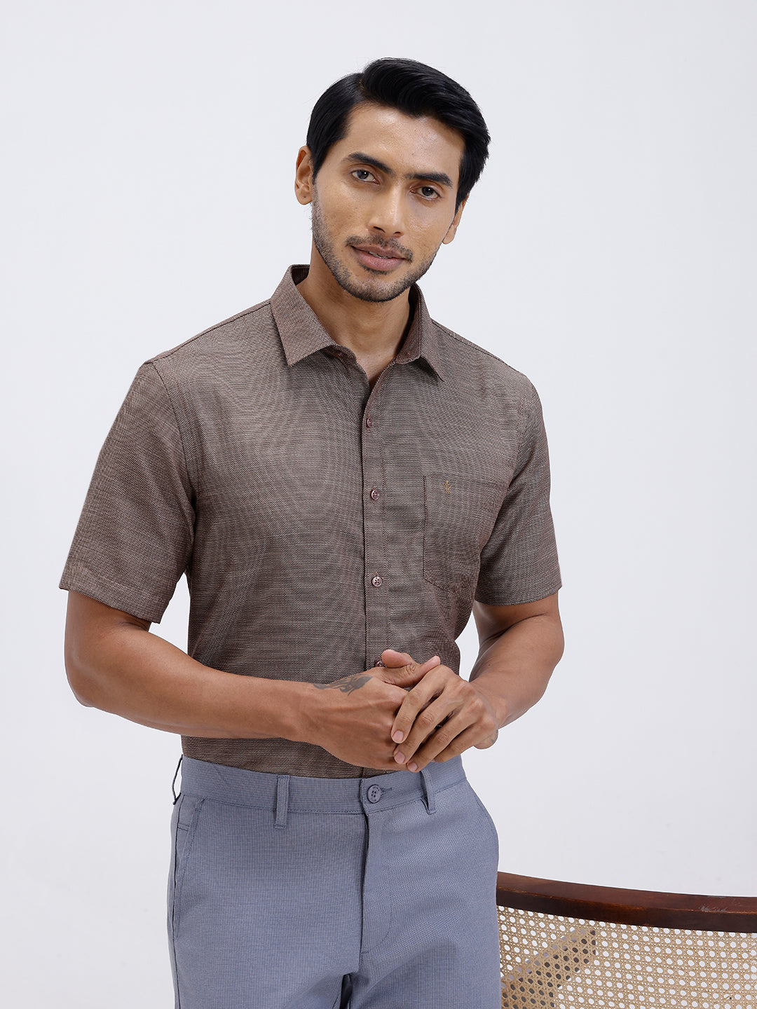 Men Cotton Rich Half Sleeve Shirt Brown Dobby T59 AIT4