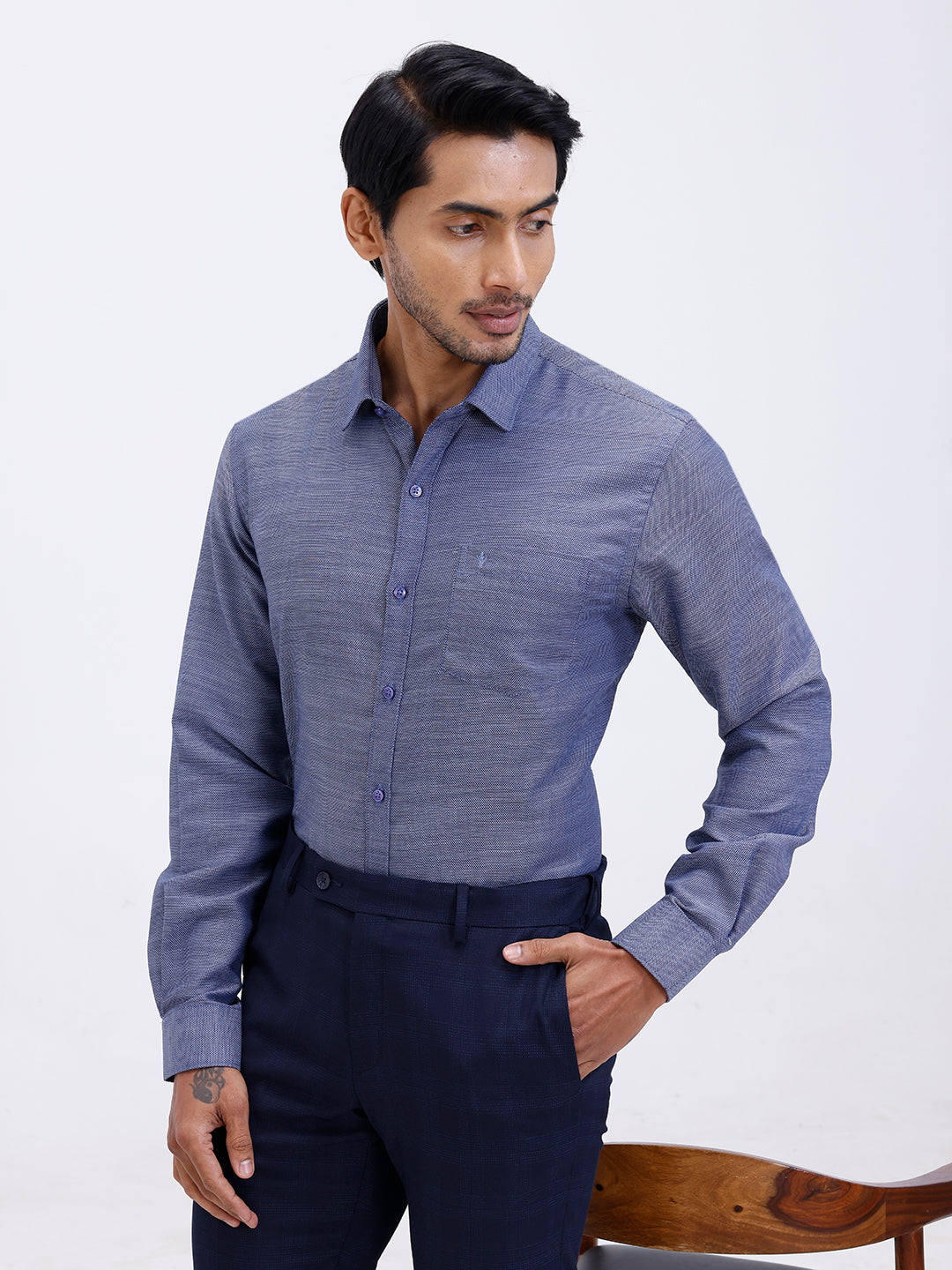 Men Cotton Rich Full Sleeve Shirt Blue Dobby T59 AIT1