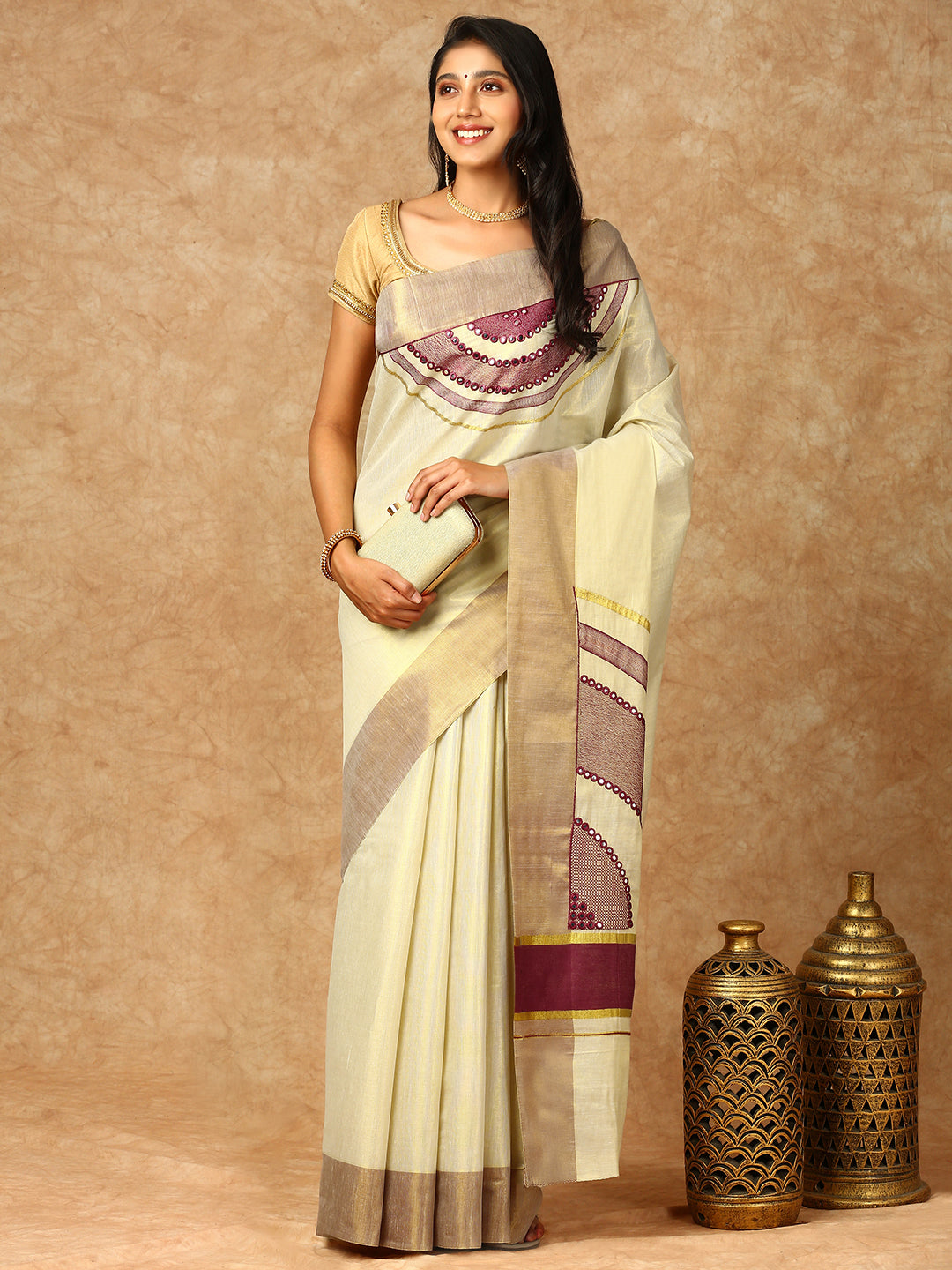 Women Kerala Tissue Gold Printed Saree KS163