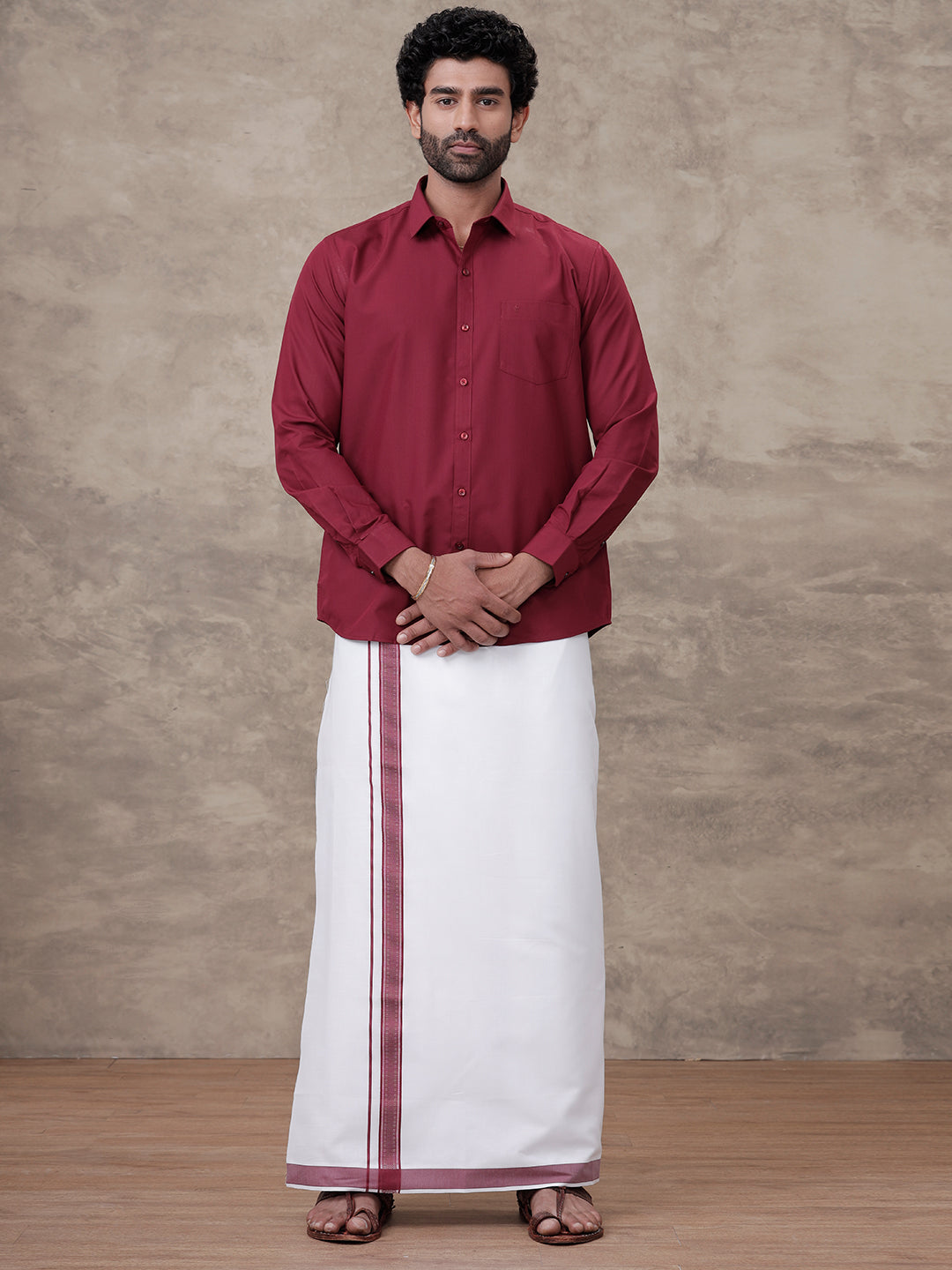 Men Dark Burgundy Shirt With Matching Border Dhoti Set Trendy