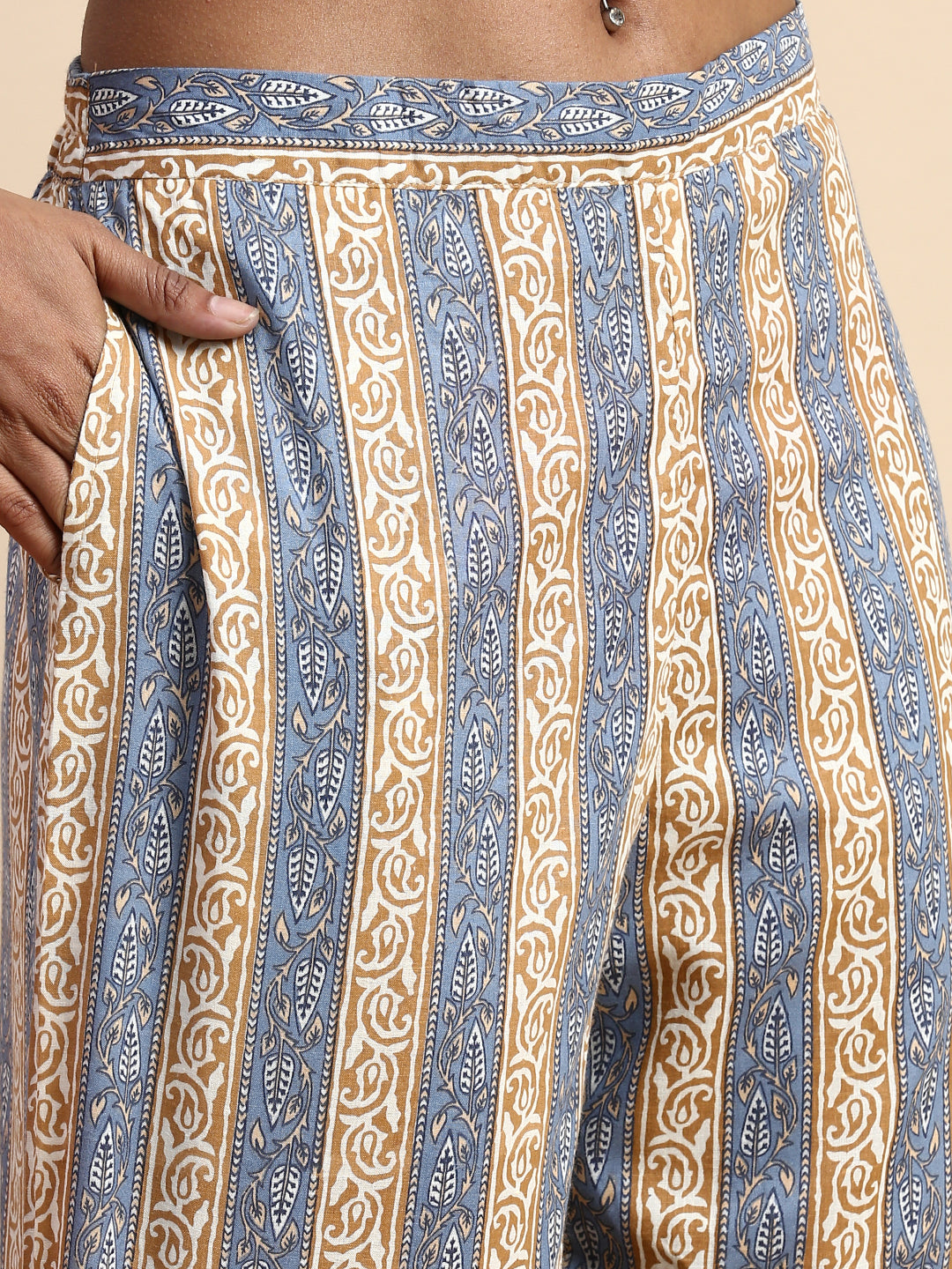 Women Cotton Blue & Brown Collar Neck Straight Cut Printed Kurti Set PKS10-Bottom view
