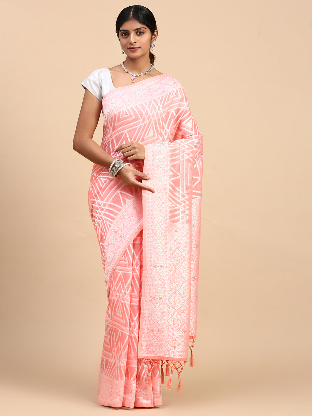 Women Semi Cotton Printed Saree Pink SCS109