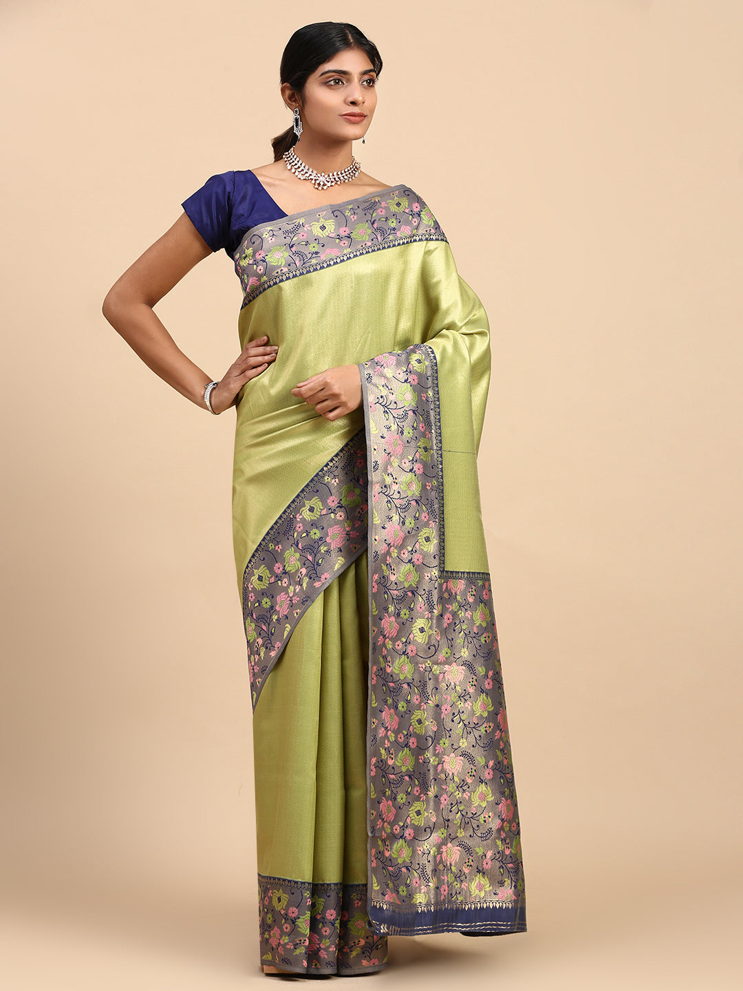 Women Semi Silk Tissue Weaving Saree Green SS277