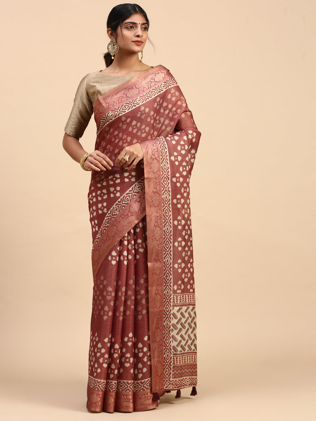 Women Semi Silk Tissue Weaving Saree Brown SS284