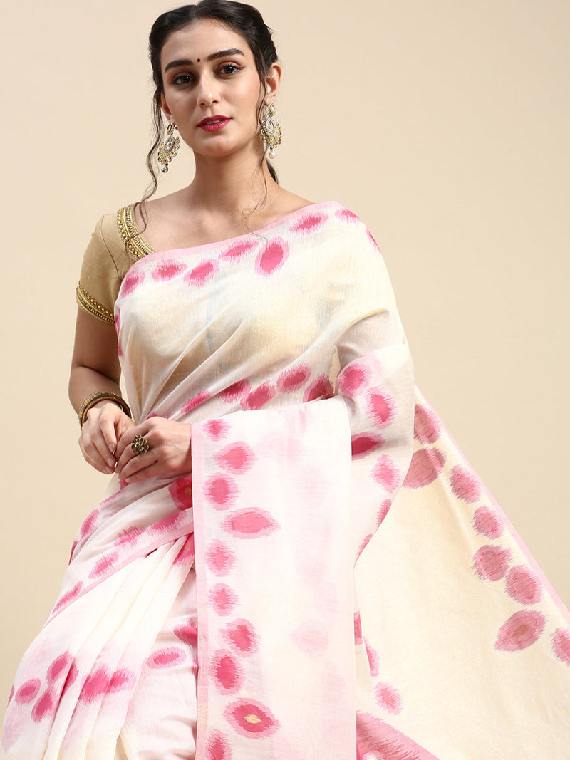 Womens Semi Linen Pink & Off White Butta Printed Embroidery Saree SLPE11