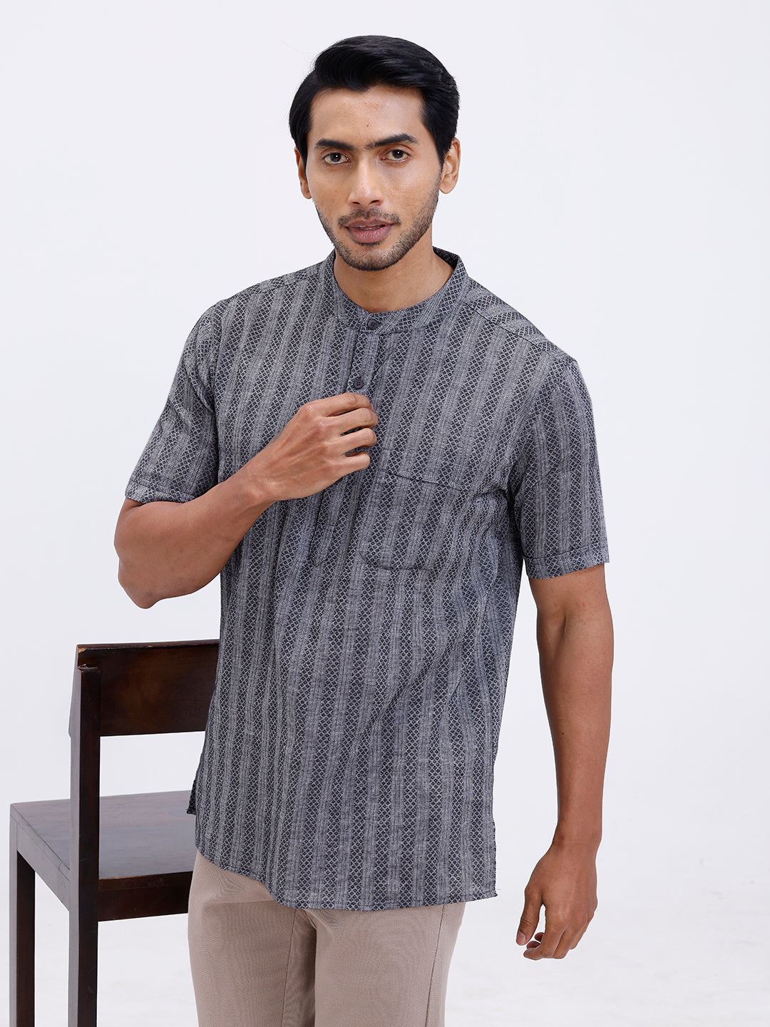 Men Cotton Short Length Self Design Pocket Kurta Mid Grey RK8