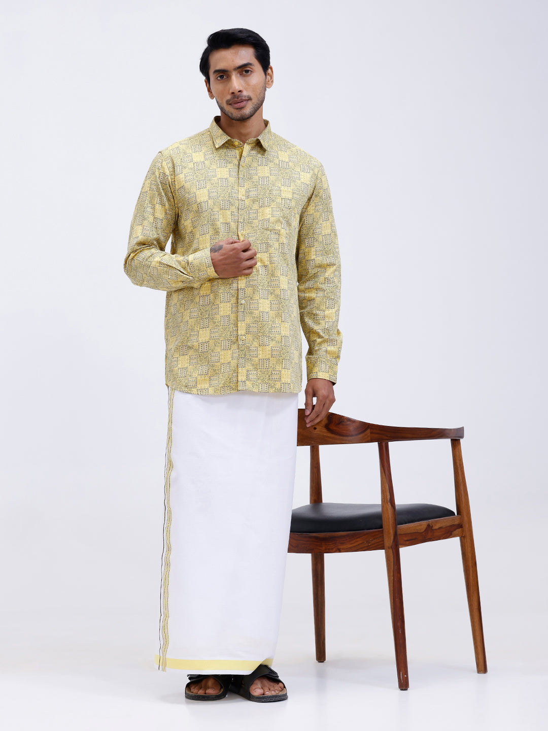 Men Golden Yellow Matching Border Dhoti With Printed Shirt Set Fusion PS14