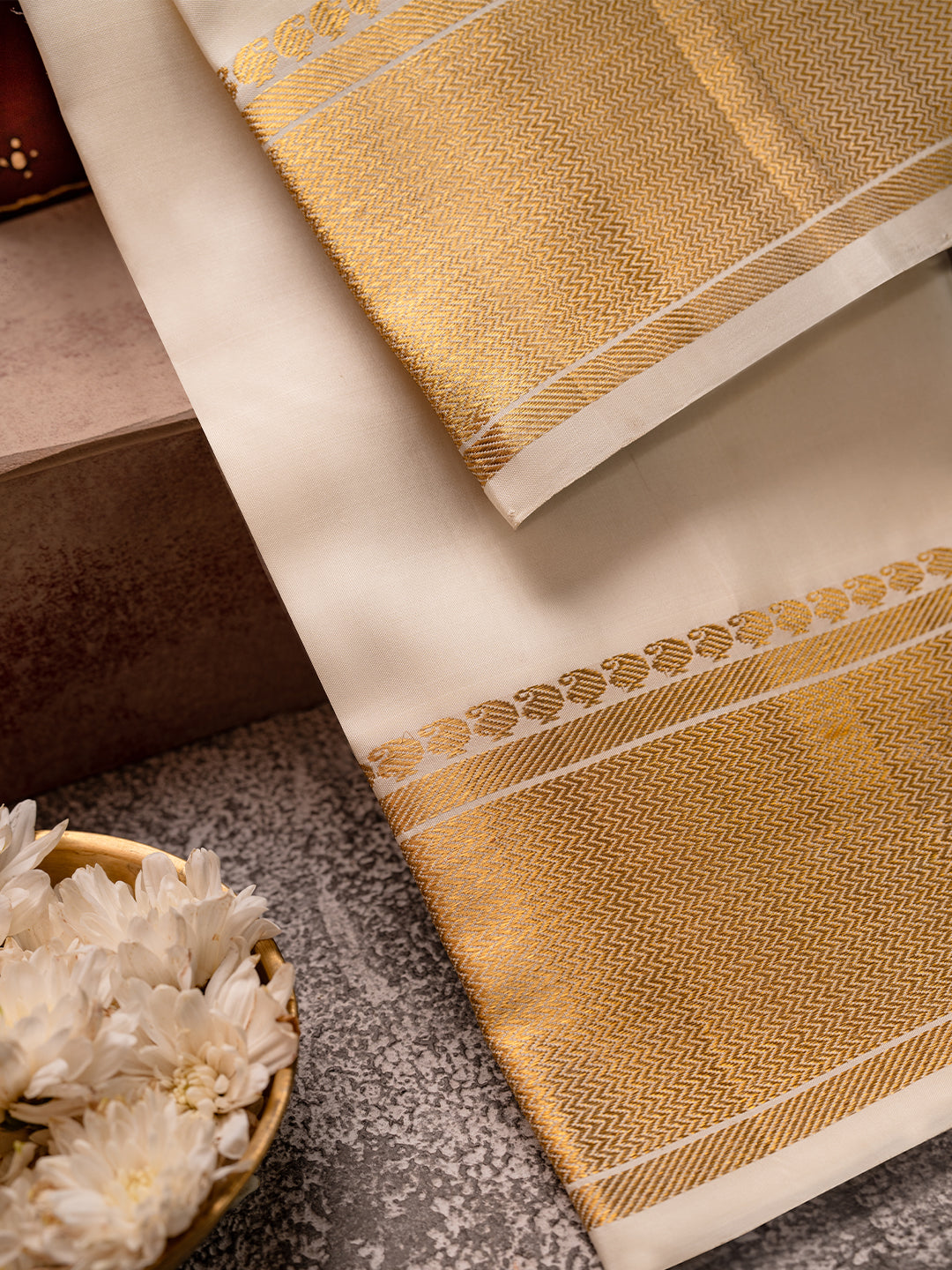Pure Silk Cream Dhoti with 5" Gold Jari Border - Kalasam