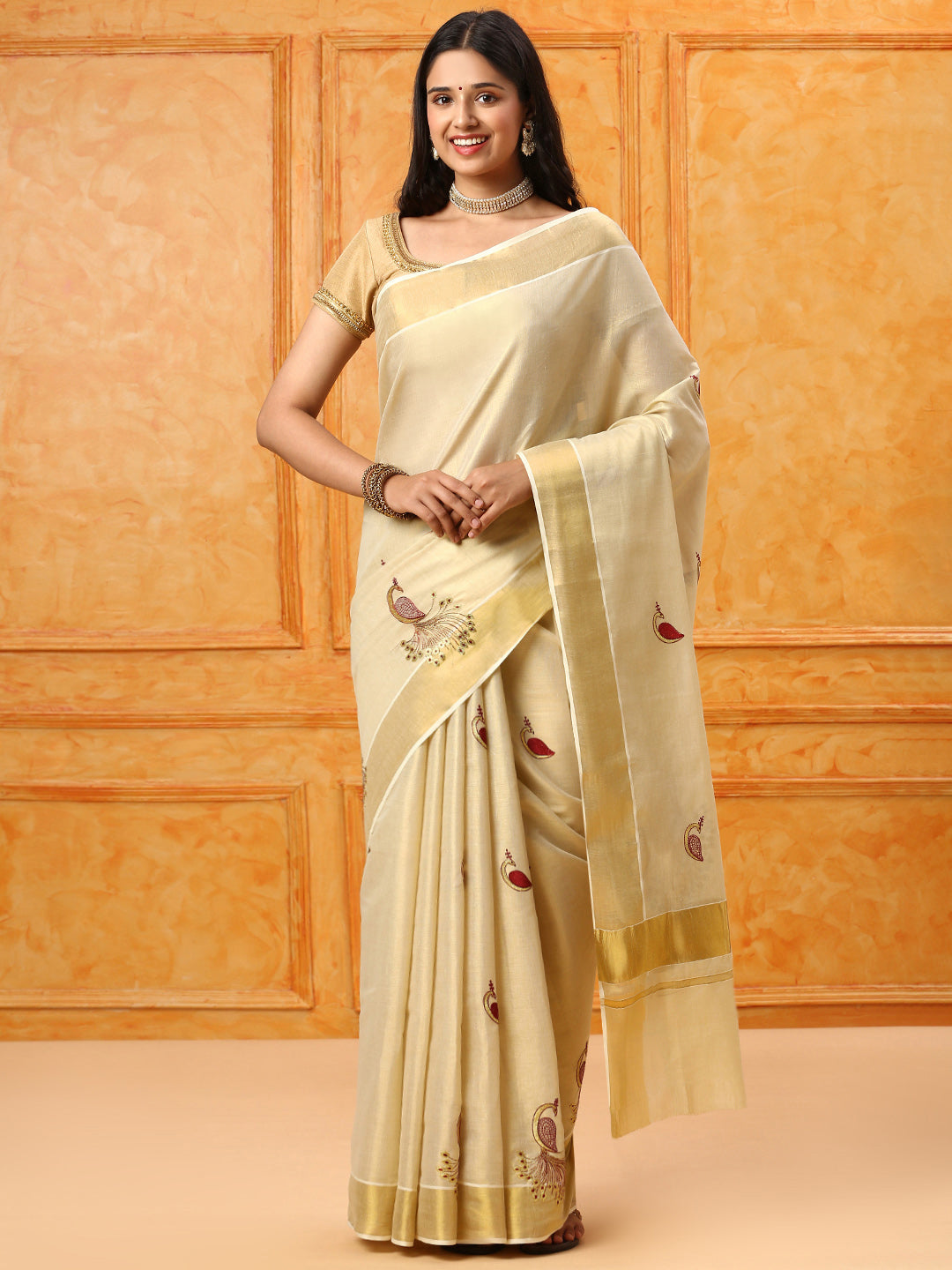 Kerala Cream Gold Jari Embroidery Saree KS106