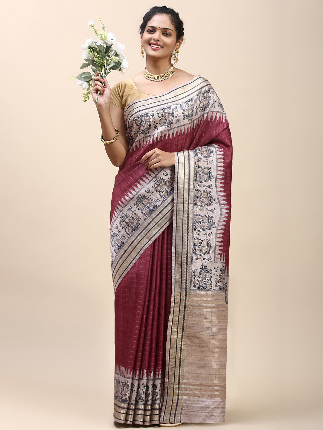 Women Semi Tussar Saree Red ST193