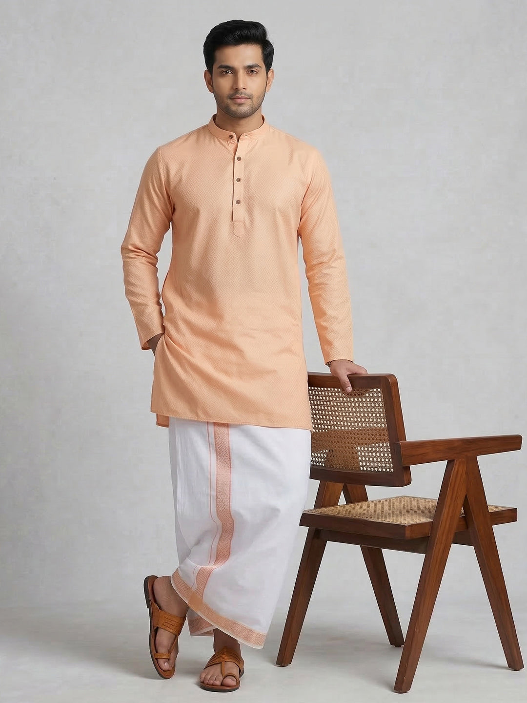 Men Peach Medium Length Kurta with Matching Border Dhoti Set MHJ5