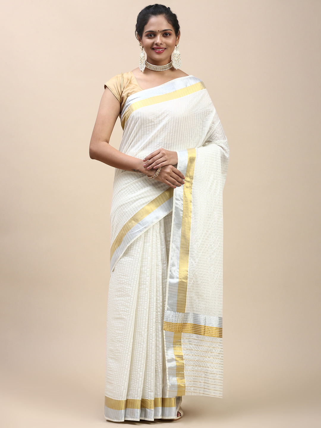 Kerala Cream Saree with Gold & Silver Jari Border KS132