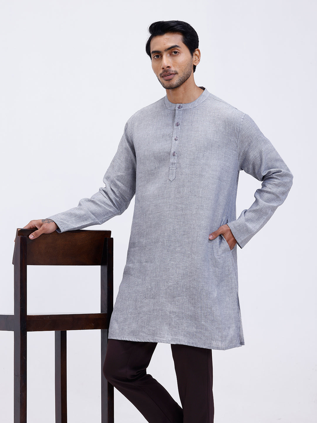 Men Pure Linen Medium Length Plain Pocket Kurta Grey KAL13