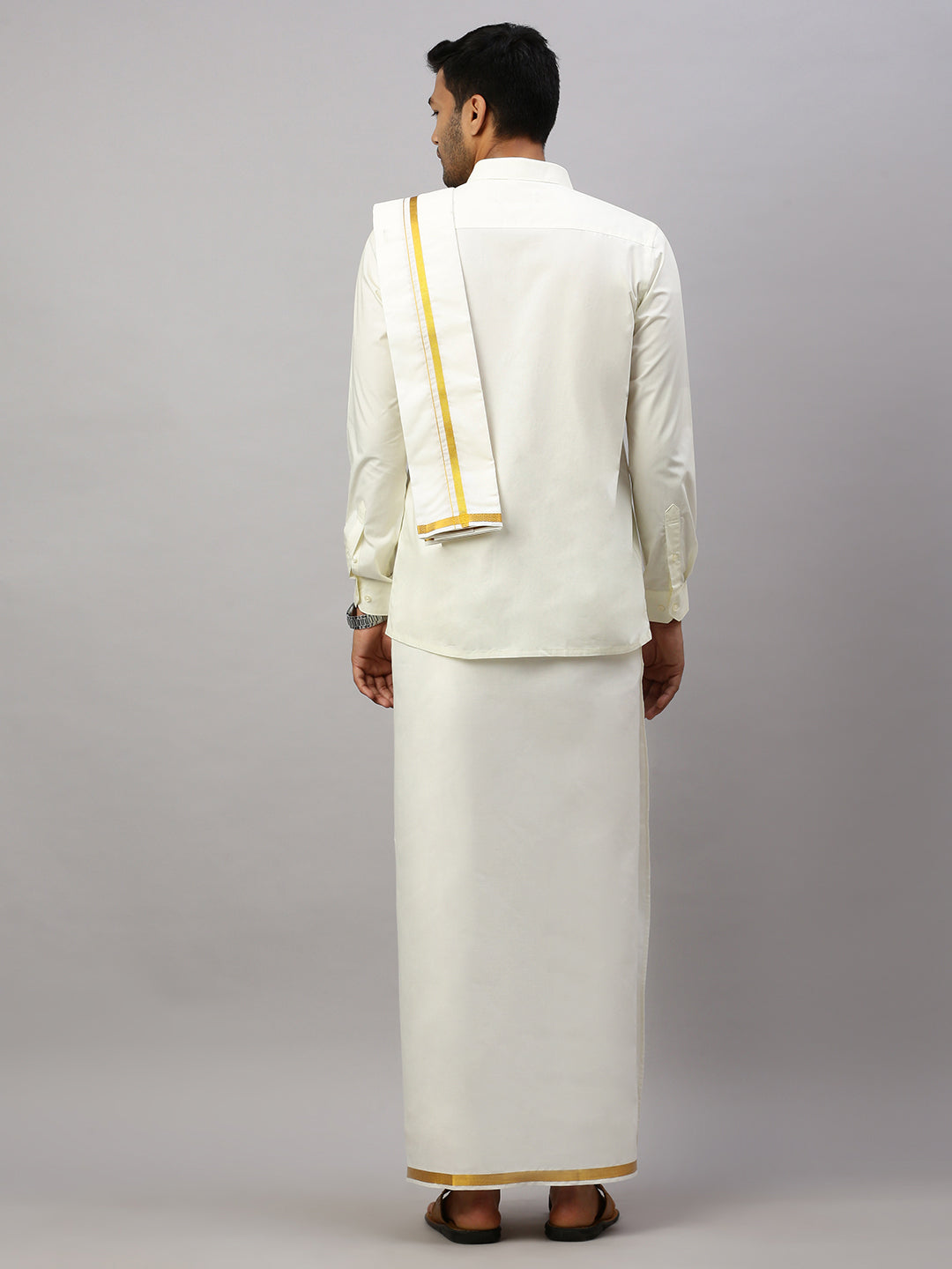 Men Cream Full Sleeves Shirt with 3/4" inch Gold Jari Double Layer Dhoti & Towel Combo