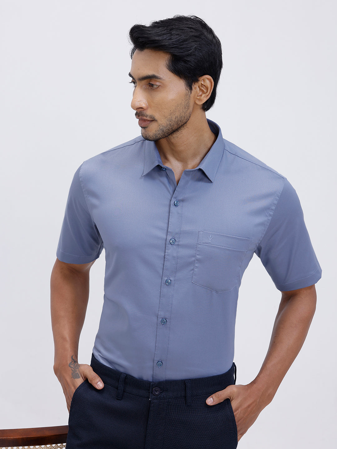 Men Cotton Blend Shirt Greyish Blue T53 ACT7