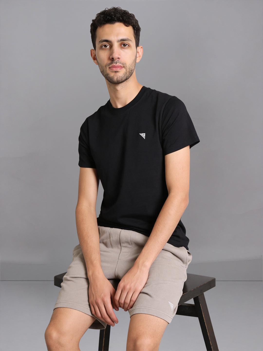 Men Black Crew neck T-Shirt with Taupe Shorts Combo ES9