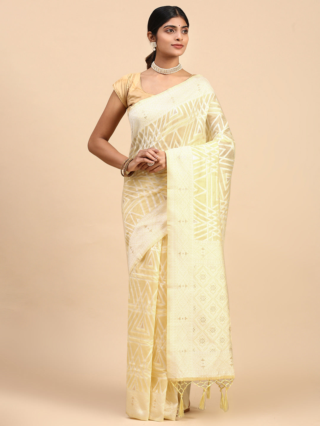 Women Semi Cotton Printed Saree Light Yellow SCS113