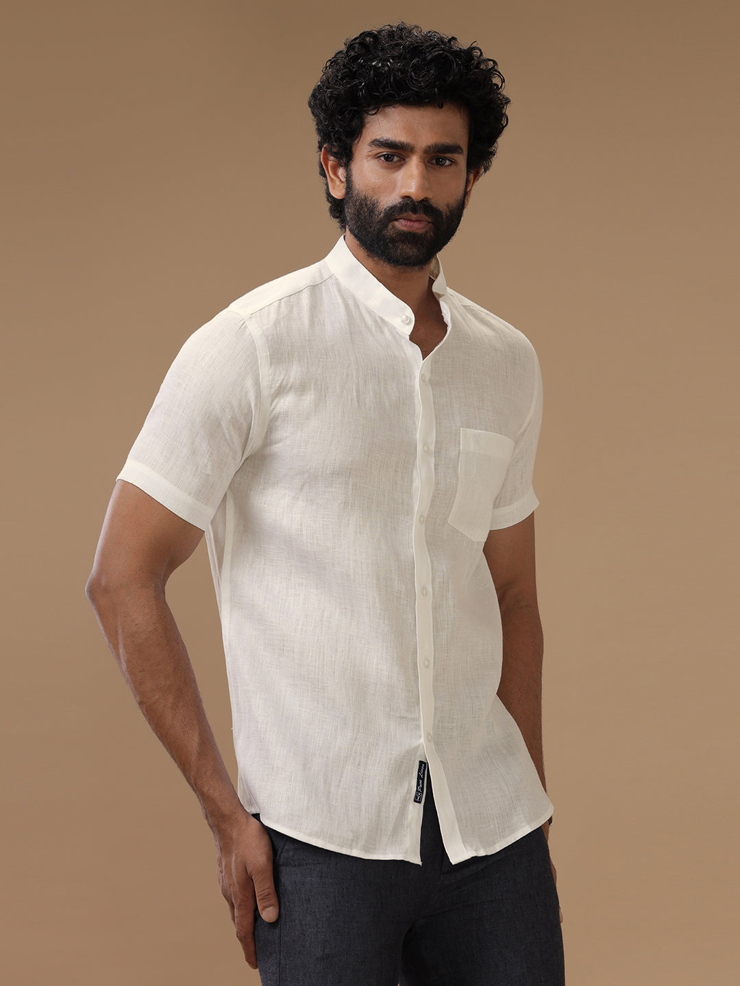 Men Pure Linen Chinese Collar Cream Shirt 5605C