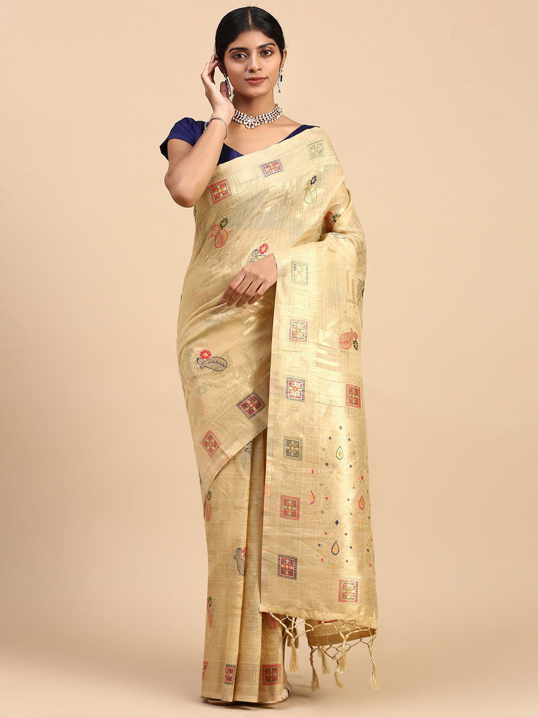 Women Semi Linen Printed Saree Gold SL164