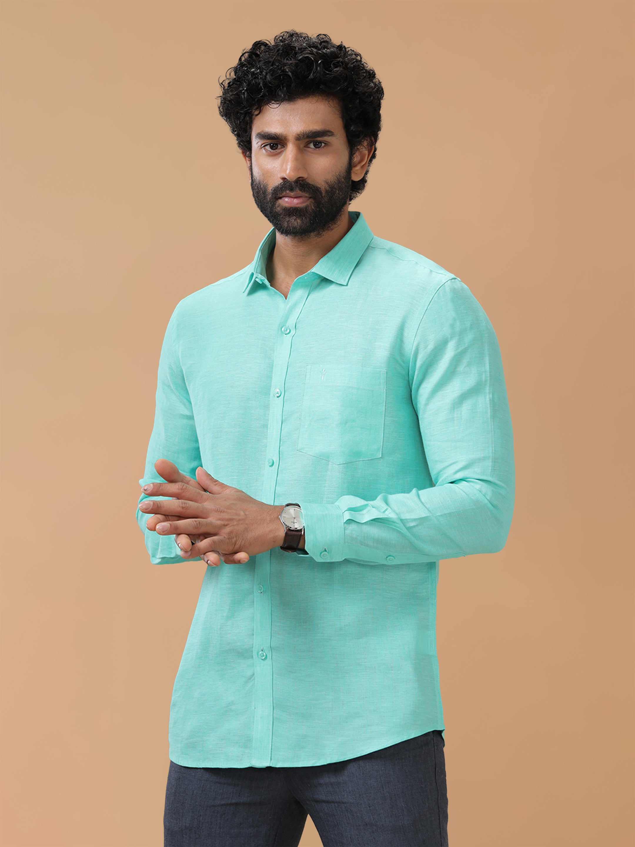 Pure Linen Light Cyan Smart Fit Shirt L13