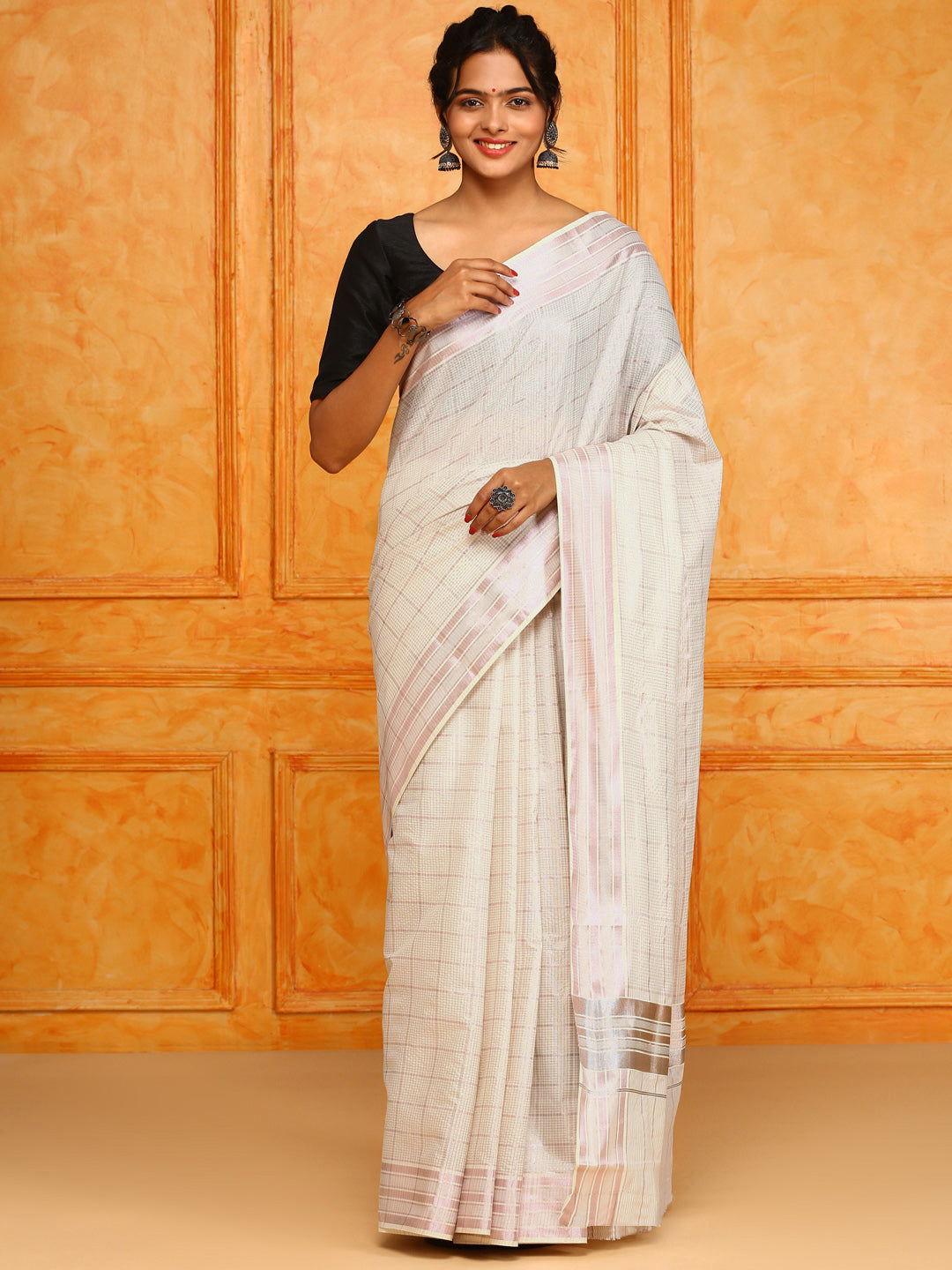 Kerala Cream Rose Gold Jari Weaving Saree KS121