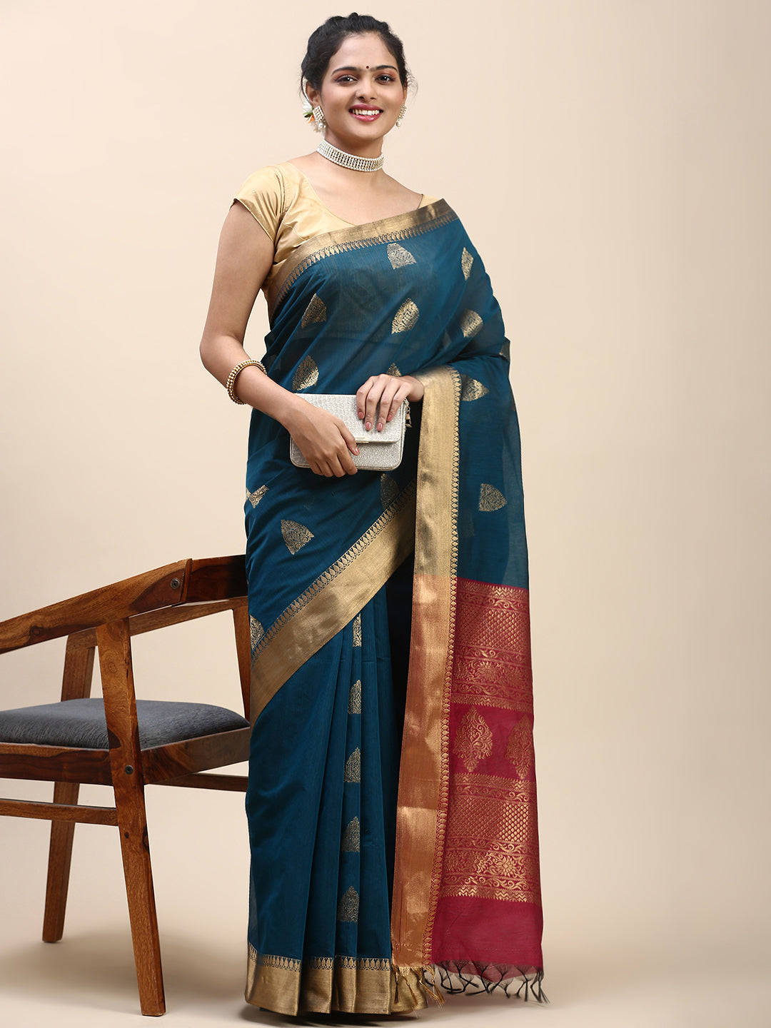 Women Semi Cotton Saree Blue with Pink SC29