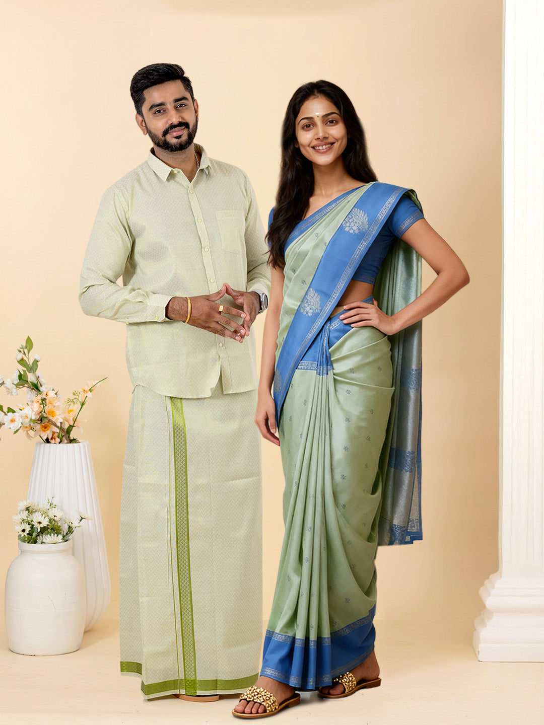 Couple Combo Shirt & Dhoti Set with Saree Moss Green MGD12