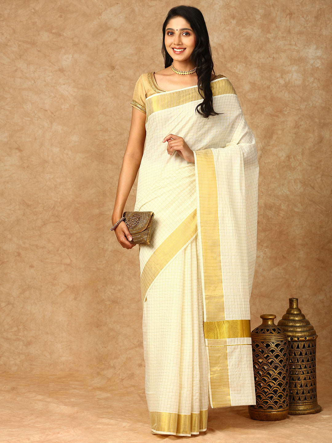 Women Kerala Cream Checked Saree KS139