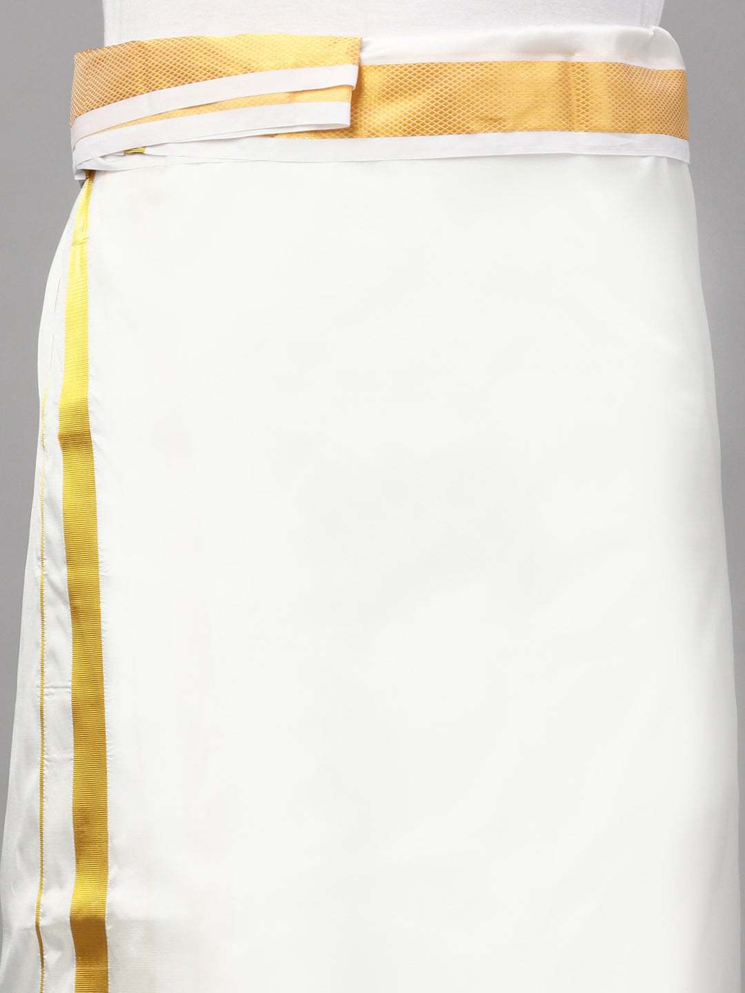 Men Silk White Double Dhoti 1 1/2" Gold Jari Suba Vivaga