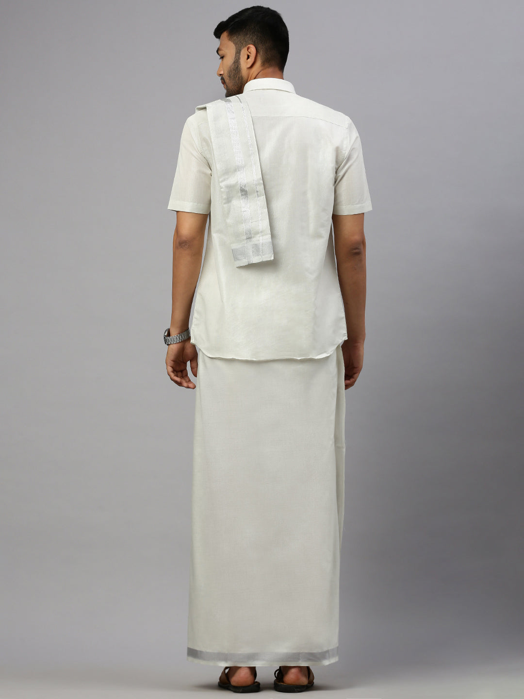 Men Tissue Silver Half Sleeve Shirt Jari Dhoti & Towel Set