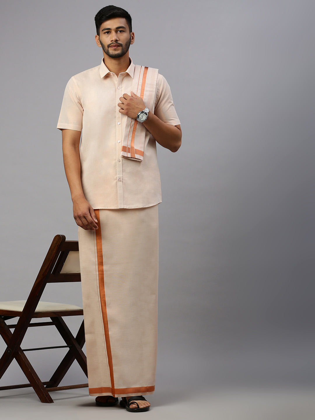 Men Tissue Copper Half Sleeve Shirt Jari Dhoti & Towel Set