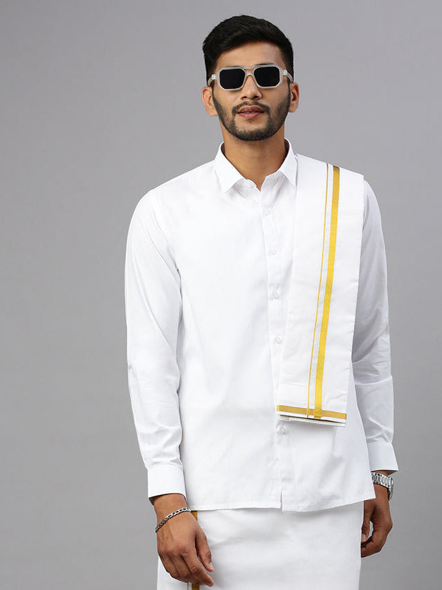 Men White Full Sleeves Shirt with 3/4'' inch Gold Jari Border Double Layer Dhoti & Towel Combo