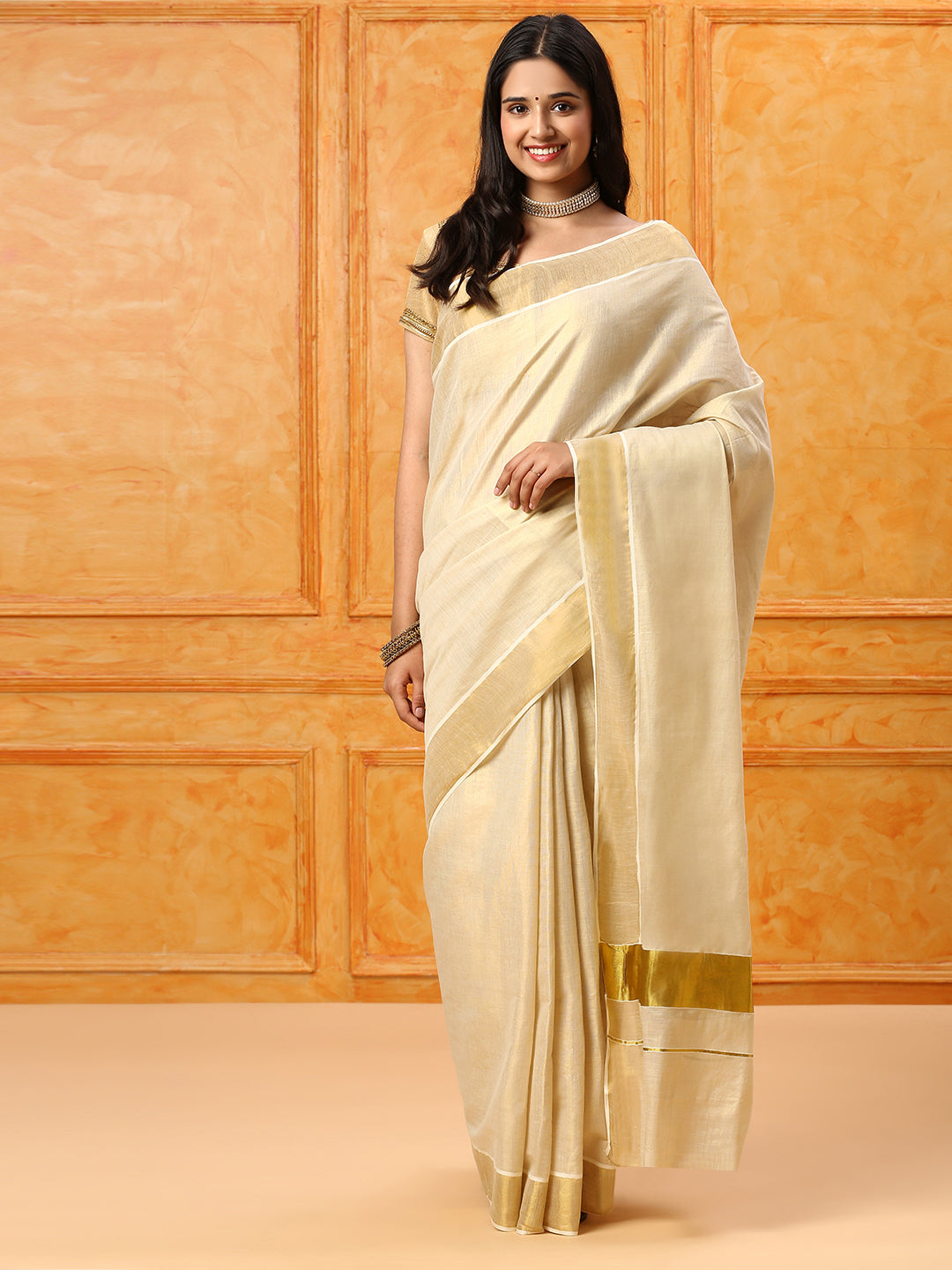 Women Kerala Cream Saree with Gold Jari Border KS140