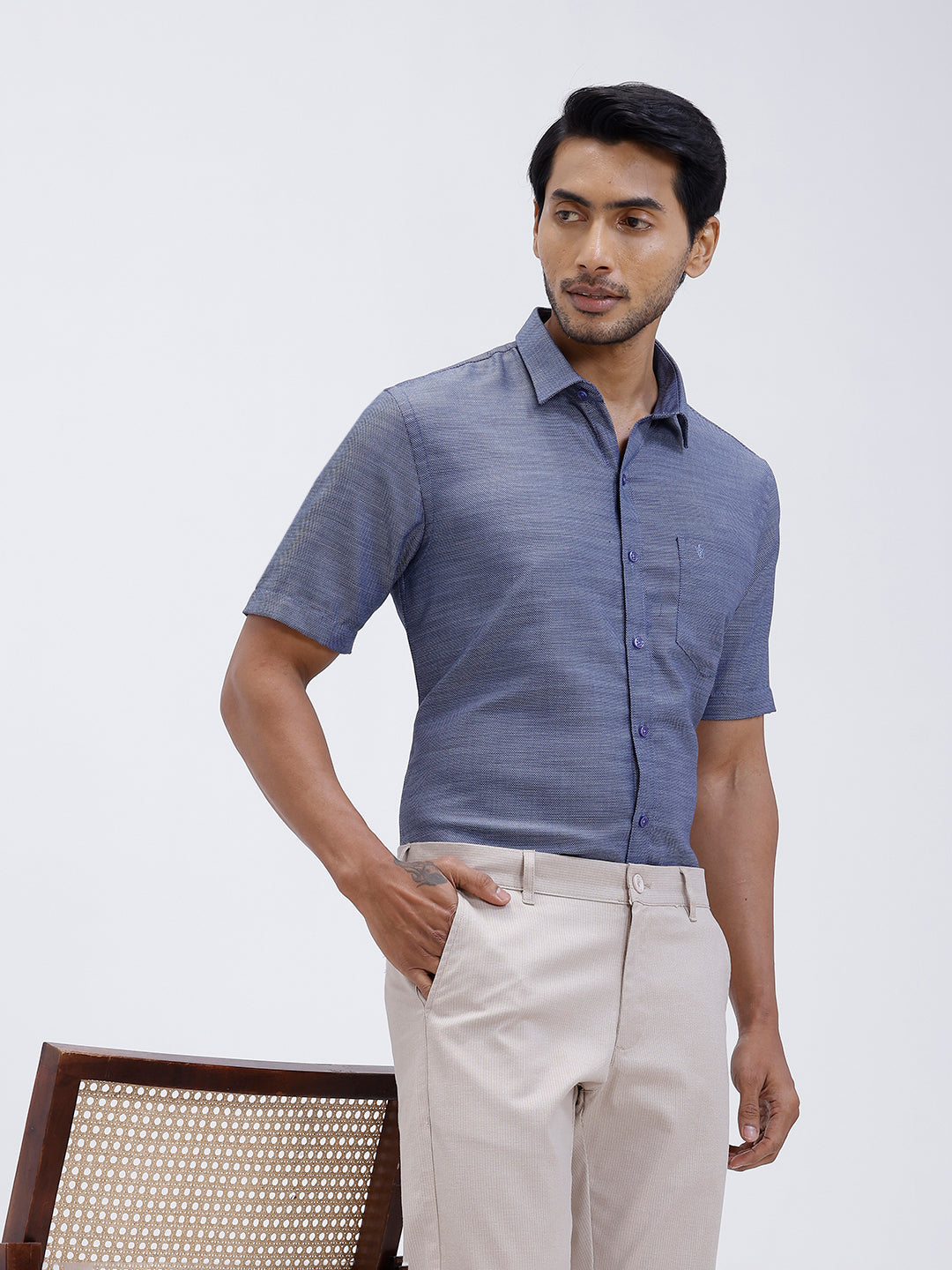 Men Cotton Rich Half Sleeve Shirt Blue Dobby T59 AIT1