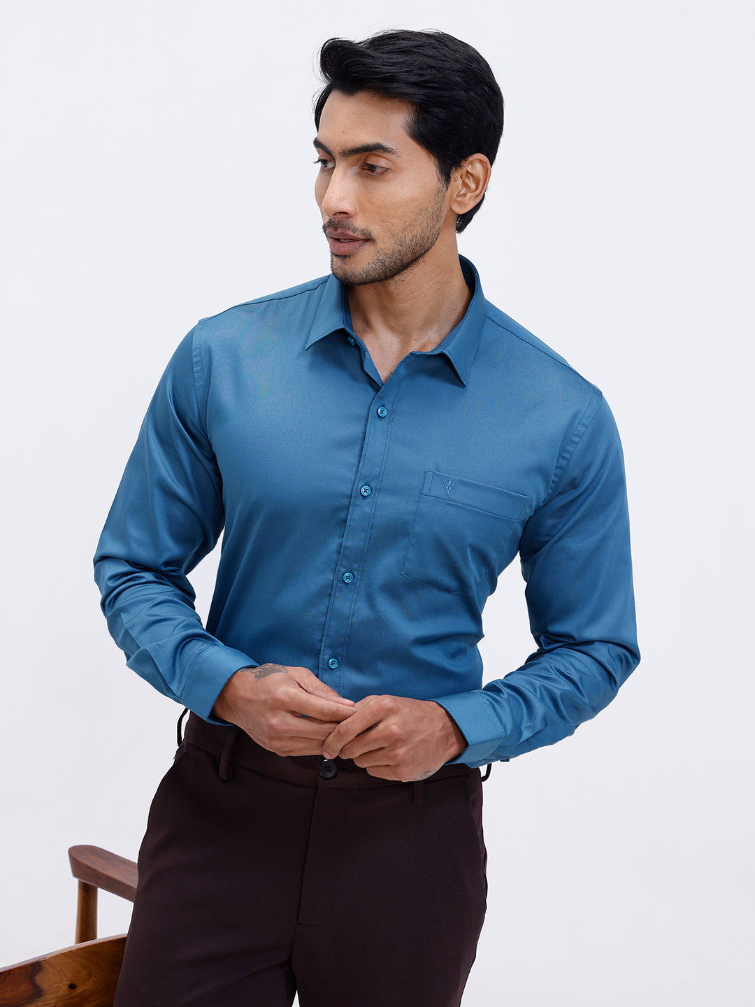 Men Cotton Blend Shirt Peacock Blue T53 ACT3