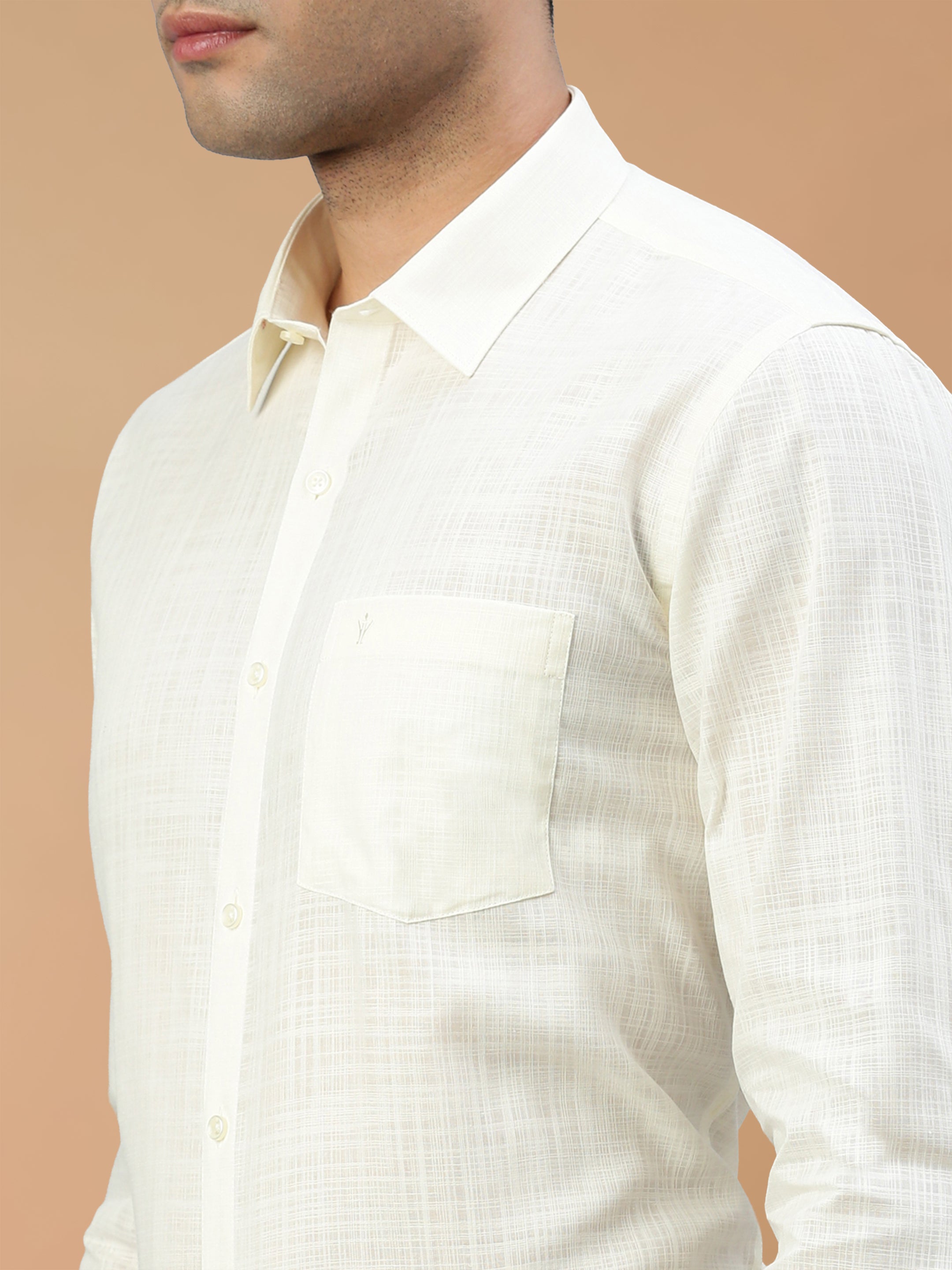 Cotton  Rich Self Design Cream Regular Fit Shirt Celebrity