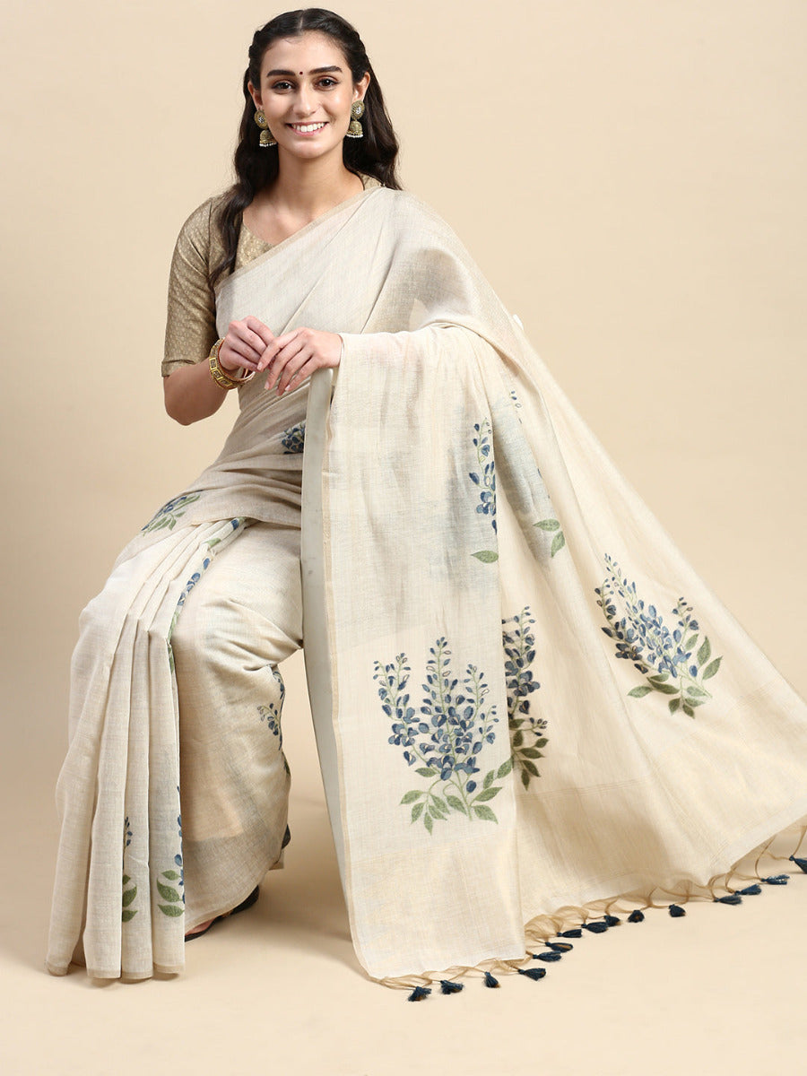 Womens Semi Tussar Grey Flower Embroidery Saree ST90-Front view