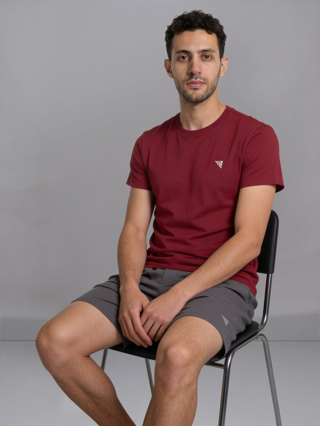 Men Burgandy Crew neck T-Shirt with Grey Shorts Combo ES5