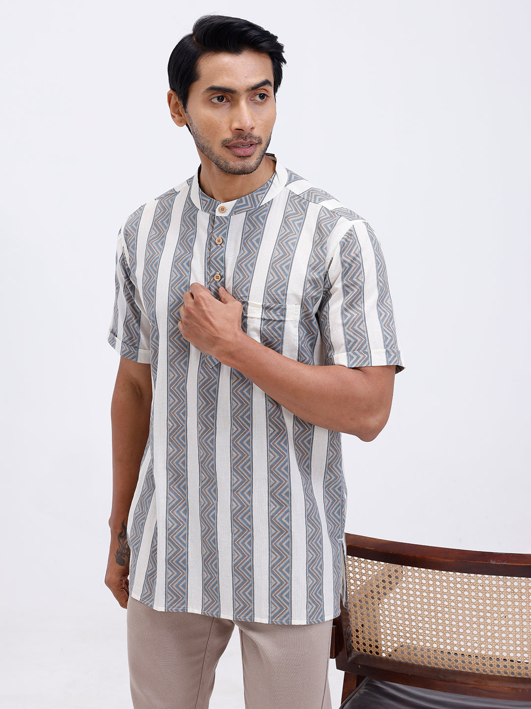 Men Cotton Short Length Printed Pocket Kurta LT Beige OF8