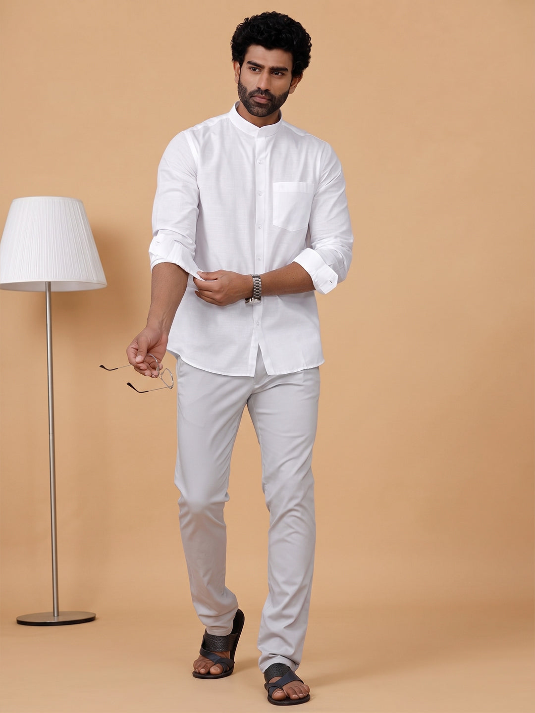 Slub Texture Chinese Collar White Shirt - Craft