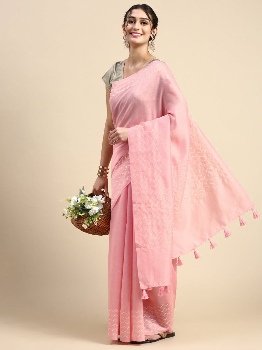 Womens Semi Linen Plain Pink Saree SL50-Side view