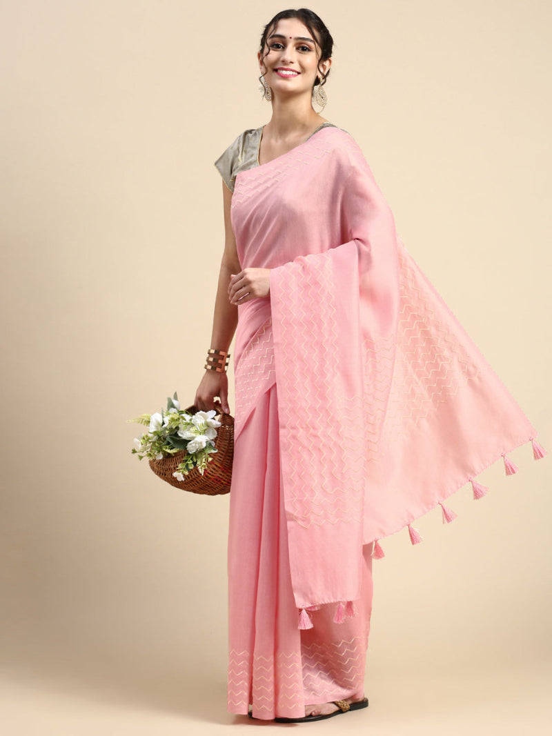 Womens Semi Linen Plain Pink Saree SL50