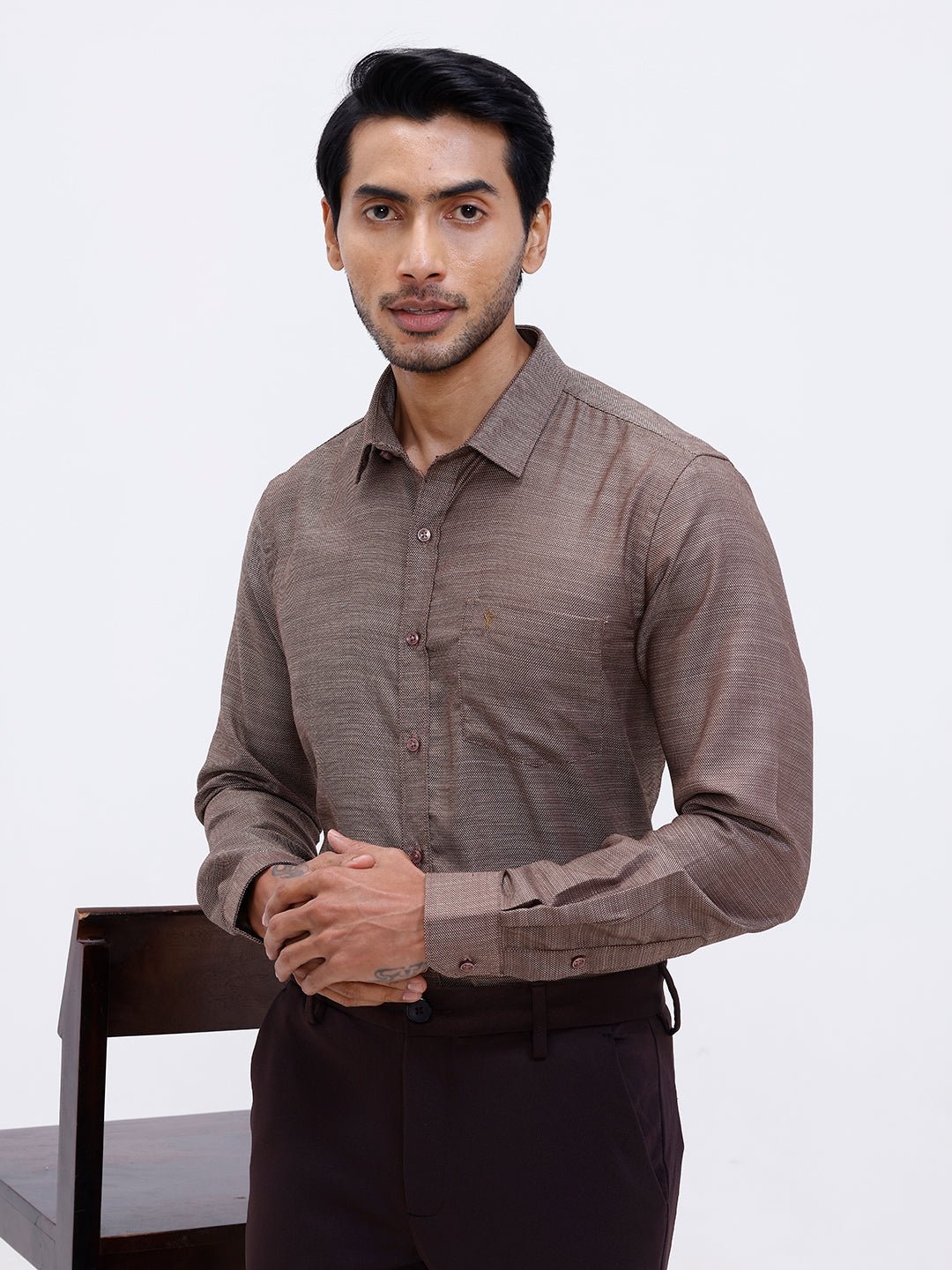 Men Cotton Rich Shirt Brown Dobby T59 AIT4