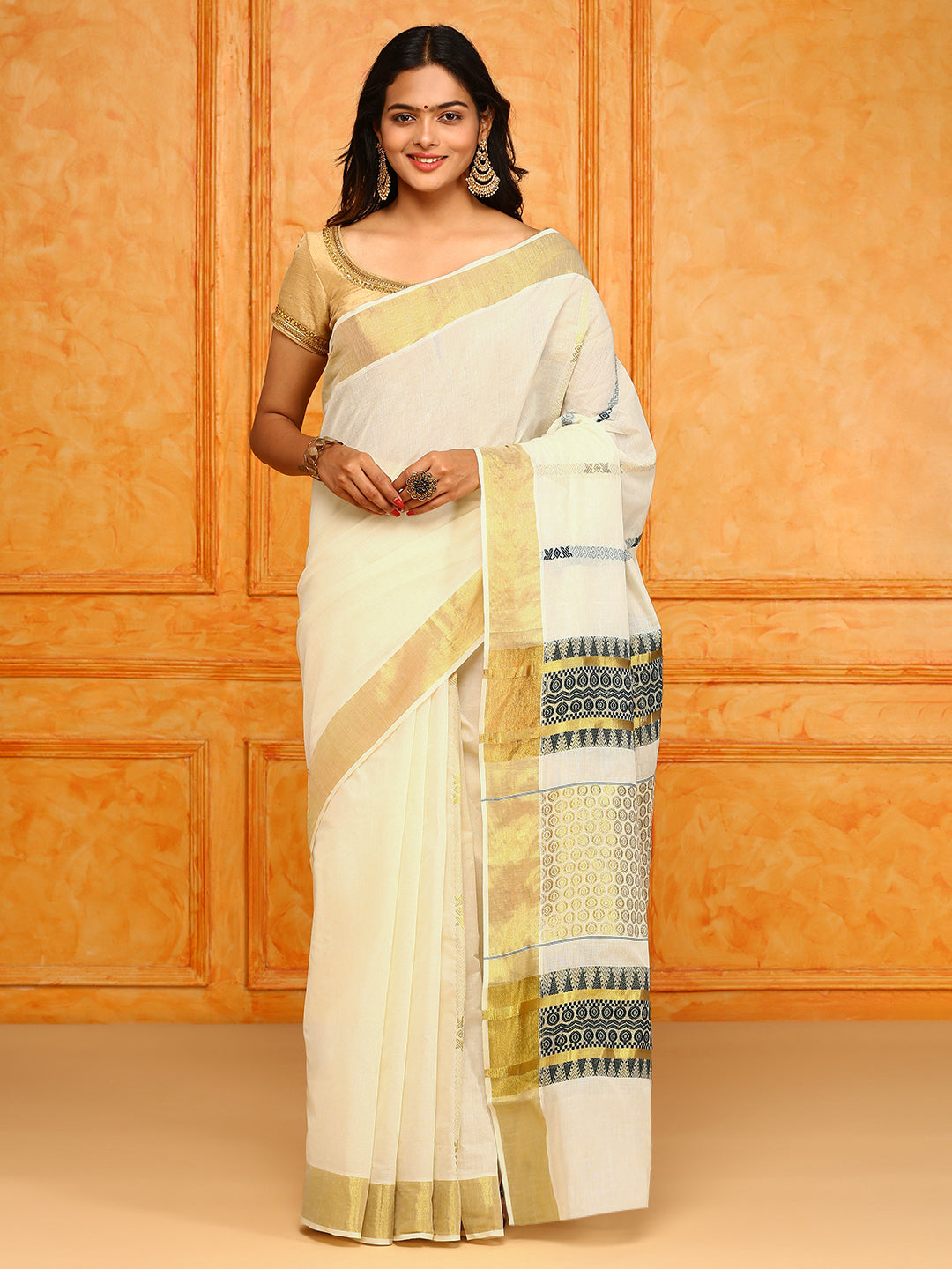 Kerala Cream Gold Jari Weaving Saree KS118