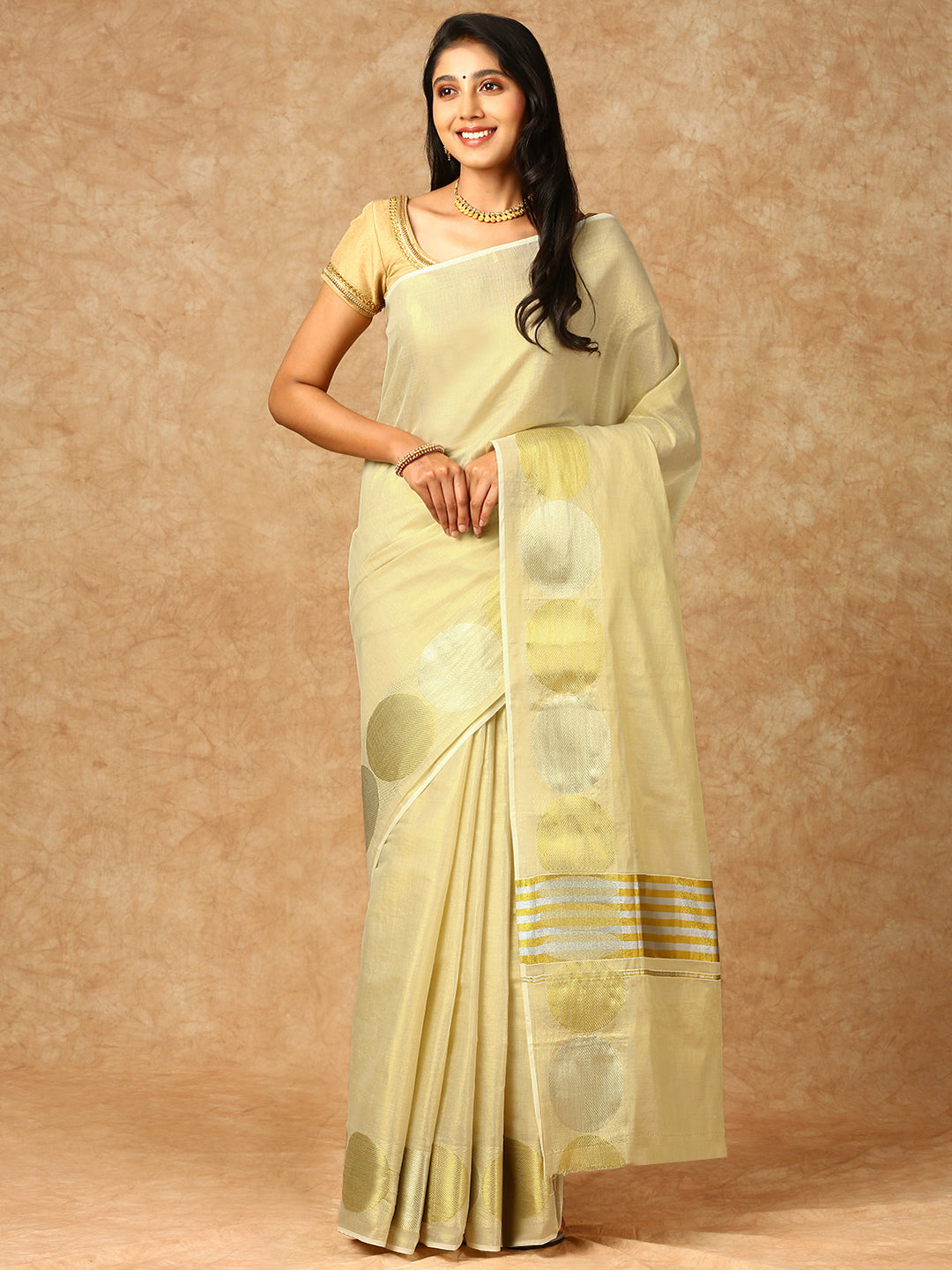 Women Kerala Cream Gold Jari Tissue Saree KS151